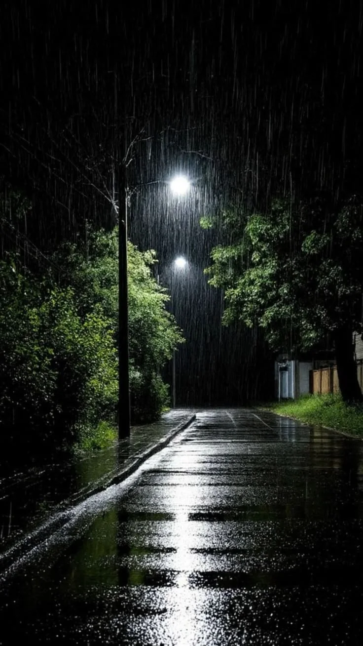 A dark rainy night street lit by streetlights with wet pavement and green trees on both sides