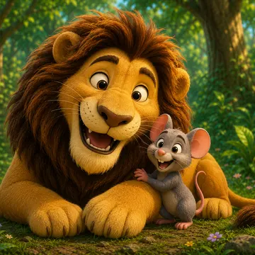 A cartoon lion and mouse happily embracing in a sunlit forest with flowers