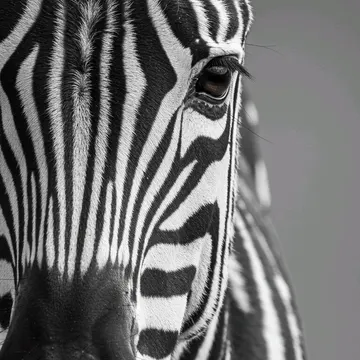 Close-up of a zebra's face with detailed stripes and a calm eye in black and white