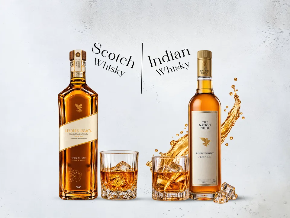Two whisky bottles with glasses and ice on a textured white surface