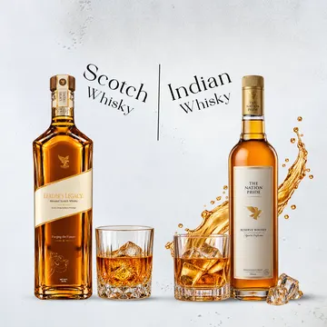 Two whisky bottles with glasses and ice on a textured white surface