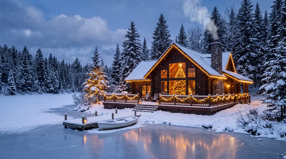 A snow-covered wooden cabin with warm lights and a decorated Christmas tree inside, surrounded by snow-laden pine trees and a frozen lake with a small