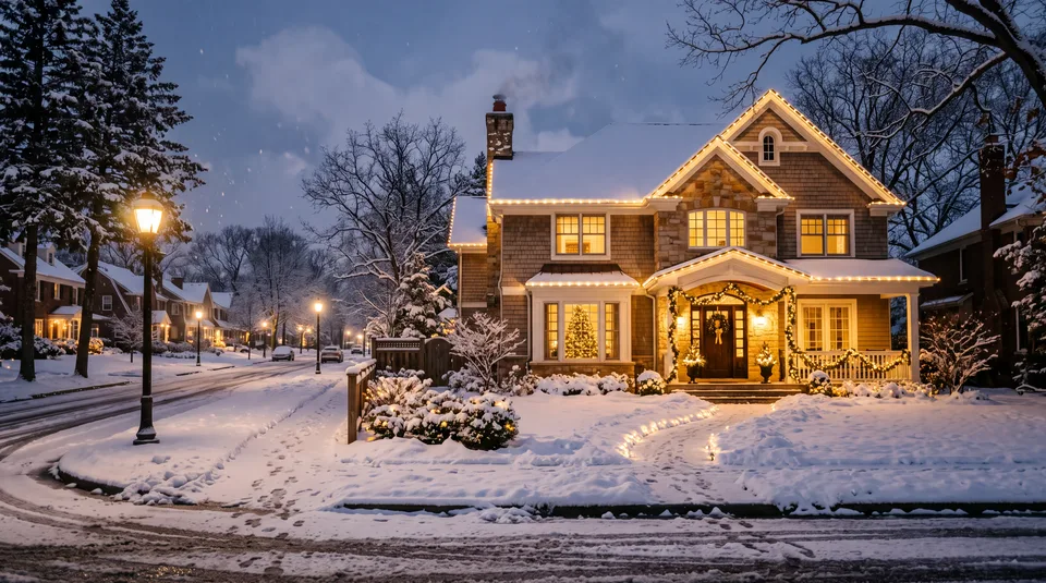 A snow-covered suburban street at dusk, featuring a warmly lit house decorated with Christmas lights and garlands, with snow on the ground and bare tr