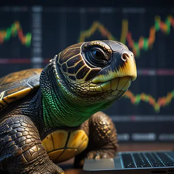 A stylized, digitally rendered turtle sits at a laptop with financial stock charts visible on the screen and in the background