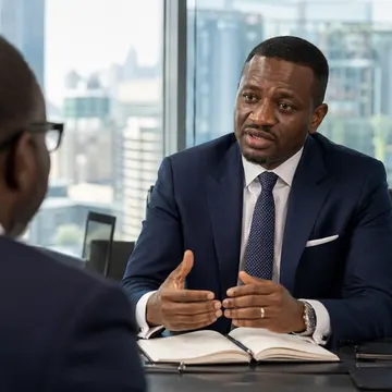 Two men in suits having a business meeting in a modern office with city view