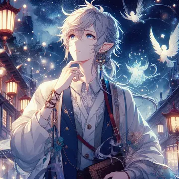 A silver-haired elf in a fantasy night street with glowing lanterns and floating fairies and birds