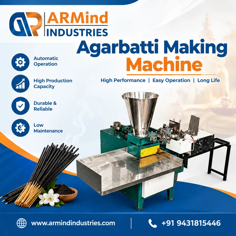 Green and silver agarbatti making machine with incense sticks and flower on blue background