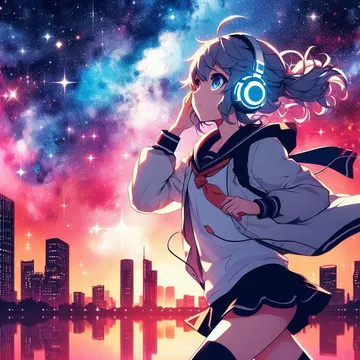 Anime girl in sailor uniform with glowing headphones against a cosmic city skyline reflected in water