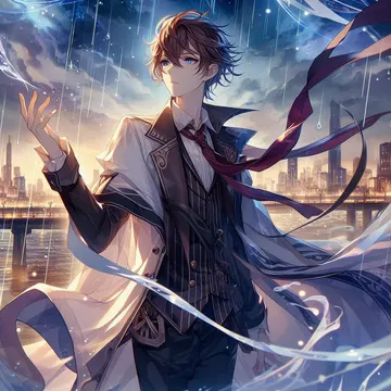 Young anime man in formal coat standing in rain with glowing ribbons swirling around him in city at dusk