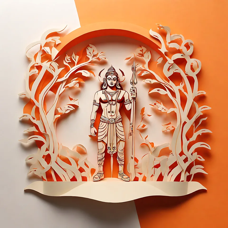 A paper-cutout artwork depicts a stylized deity with horns and a spear, framed by ornate trees against an orange and white background