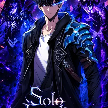 Anime character in black coat and blue armor facing demonic monsters in purple flames
