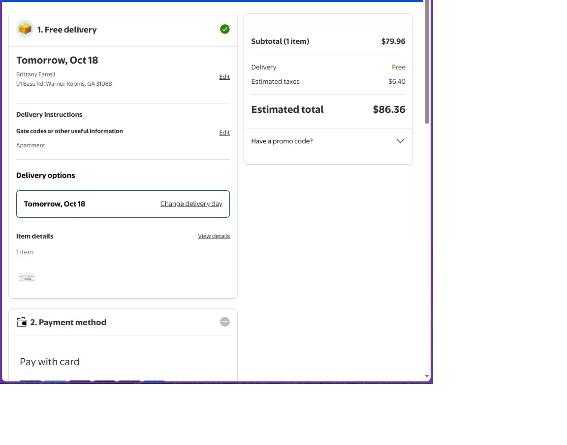 Online shopping checkout screen showing delivery details and estimated total cost