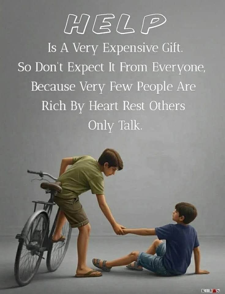 Boy helping another boy with bicycle while motivational text appears on gray background