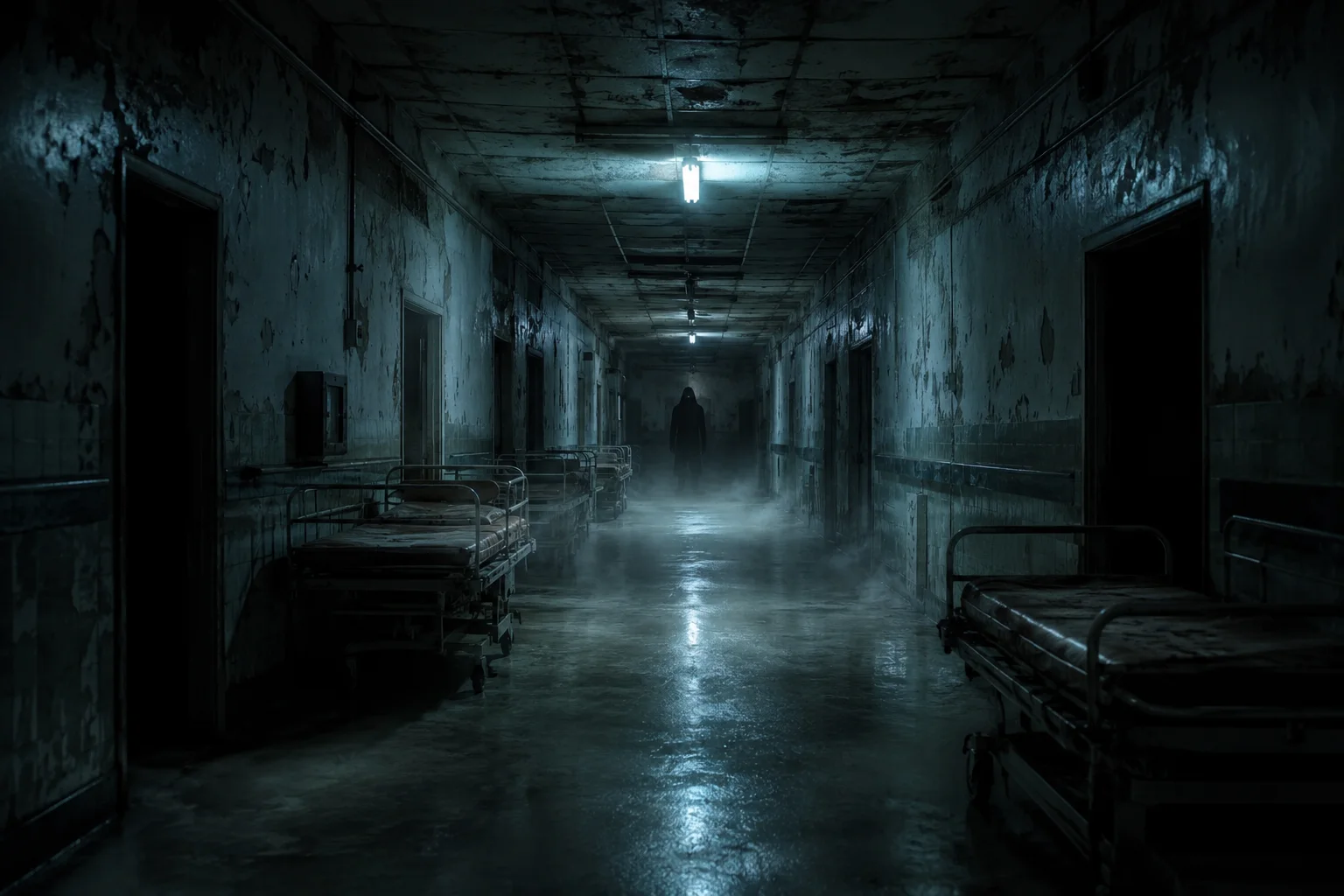 A hooded figure walks down a misty abandoned hospital corridor with rusted beds and flickering lights