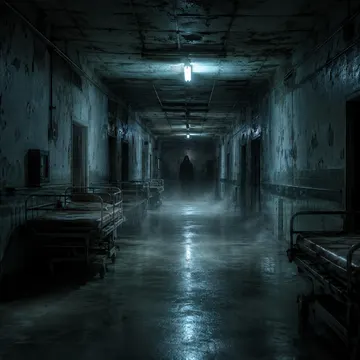 A hooded figure walks down a misty abandoned hospital corridor with rusted beds and flickering lights