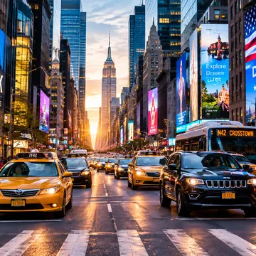 Busy New York City street at sunset with yellow taxis and towering buildings with bright billboards