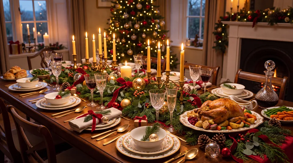 A festively decorated dining table with a roasted turkey, candles, and Christmas ornaments, set in a warmly lit room with a decorated Christmas tree i