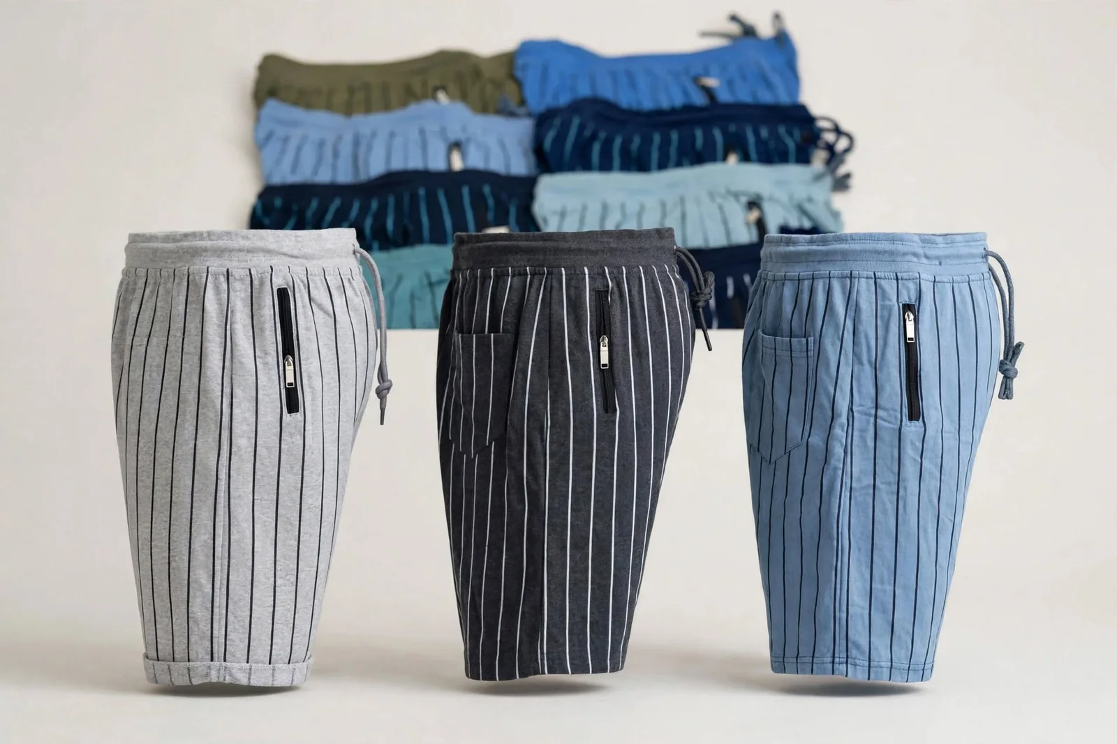 Three striped men's shorts with zipper pockets and drawstrings displayed in front of folded underwear