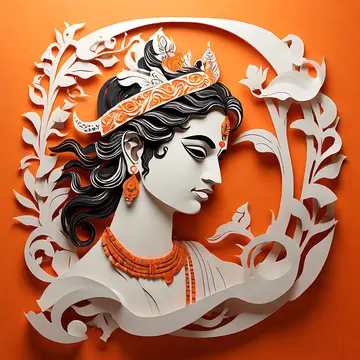 A stylized paper-cutout artwork of a woman's profile with ornate headwear and jewelry, framed by decorative foliage against an orange background