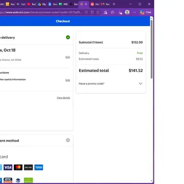 Walmart checkout screen showing item total delivery taxes and payment options