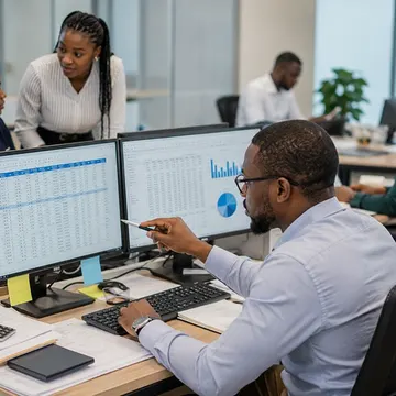 Business professionals analyzing data on computer screens in an office setting