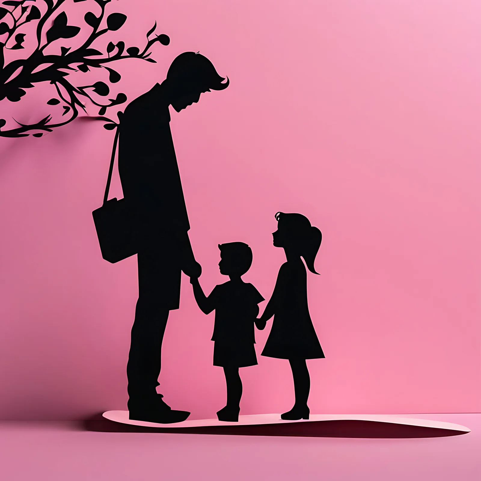 A stylized silhouette of an adult and two children holding hands against a pink background, with a tree silhouette on the left