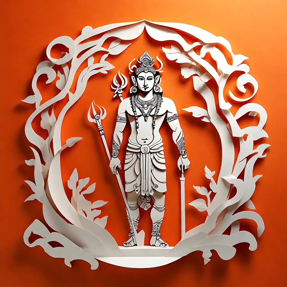 A white paper-cutout sculpture of a Hindu deity, likely Shiva, holding a trident and a staff, framed by ornate swirling foliage against an orange back