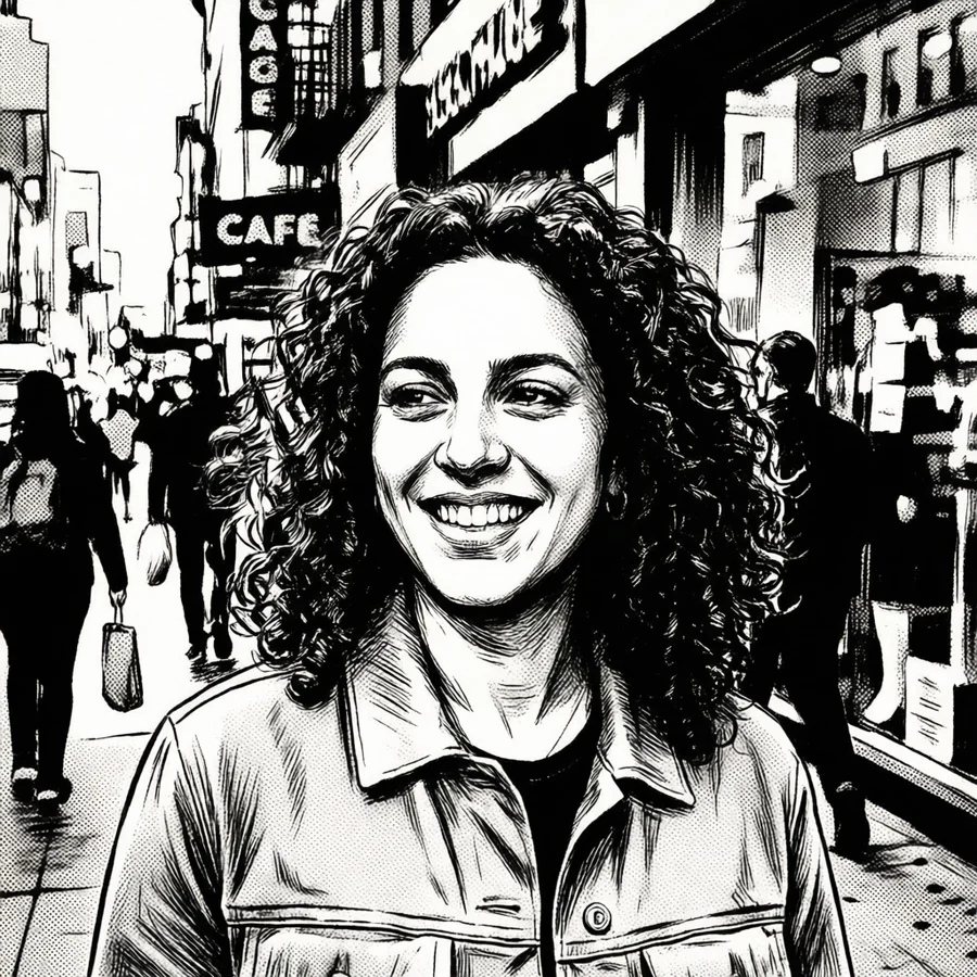 The same photograph inked as a comic book panel with halftone shading