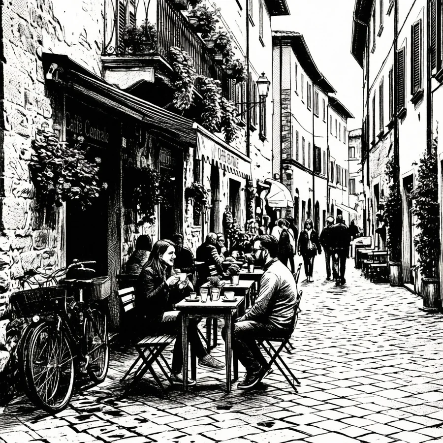 The same street drawn as a black and white manga panel with screentone shading